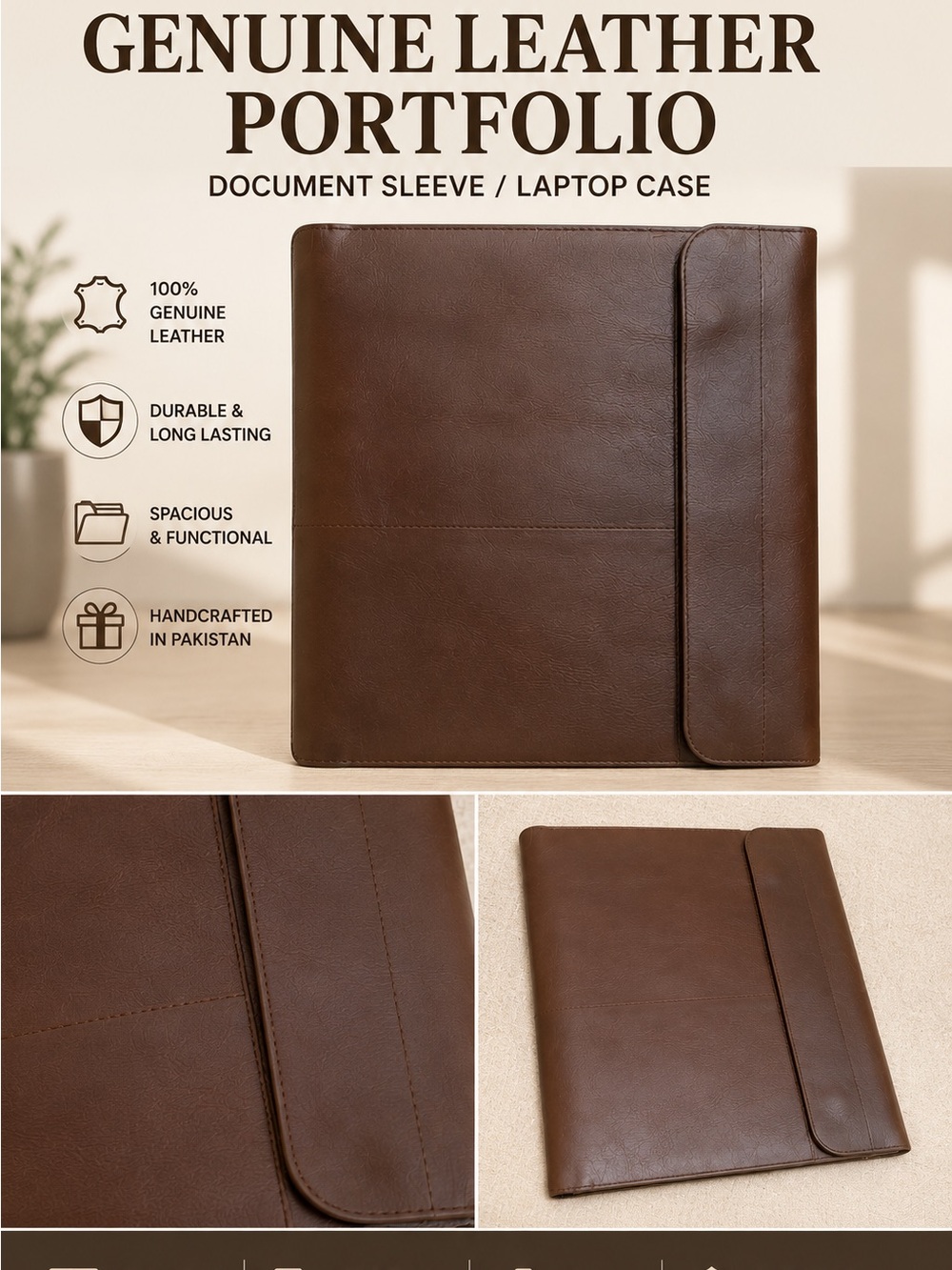 Genuine Leather Brown Portfolio Document Sleeve -